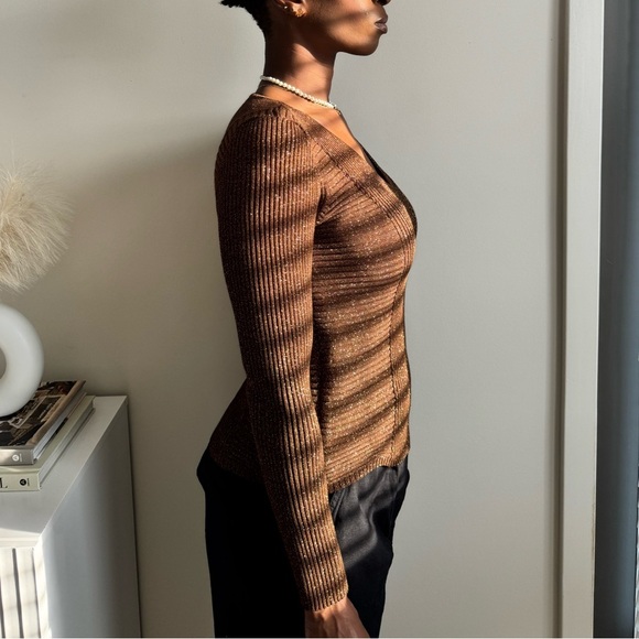 INC International Concepts Bronze Metallic Brown Gold Ribbed V-Neck Sweater - Picture 5 of 7